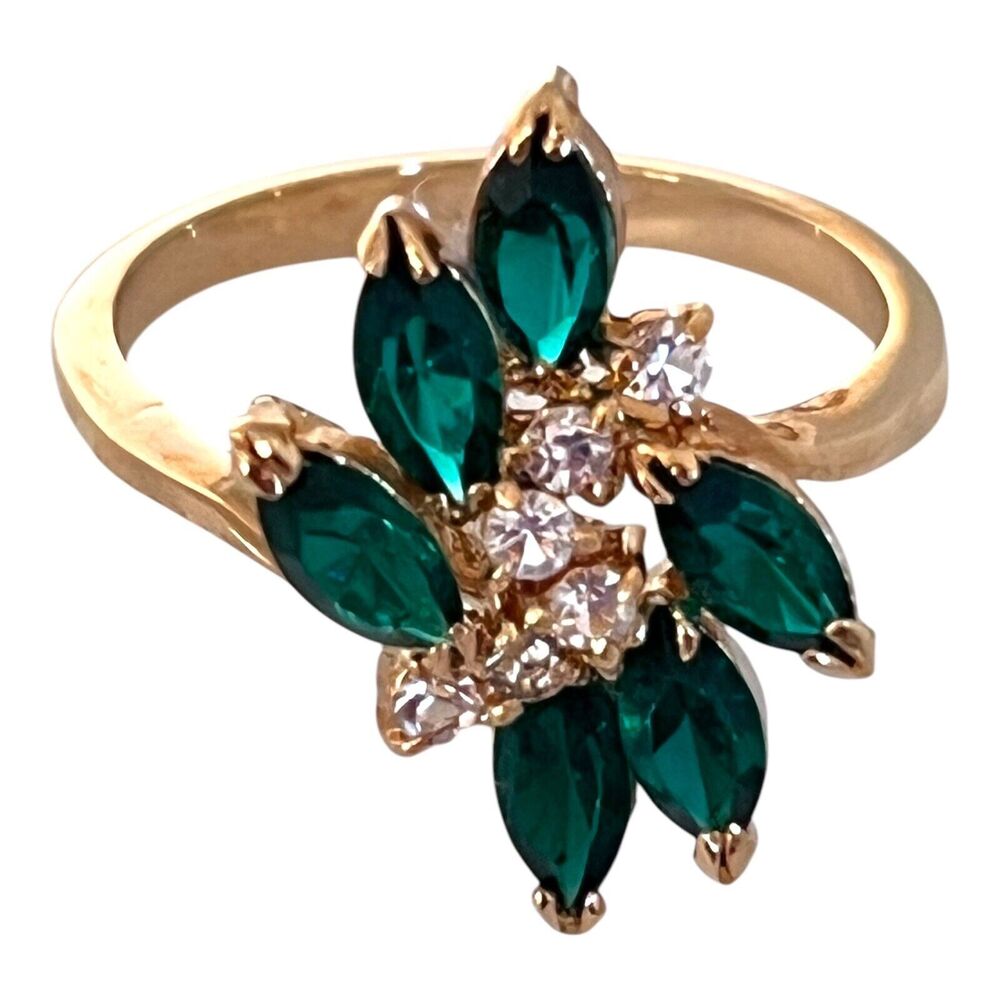 Vintage 1970s Austrian Crystal Ring Size 7 Green Navette 14K Gold Plate - 6C